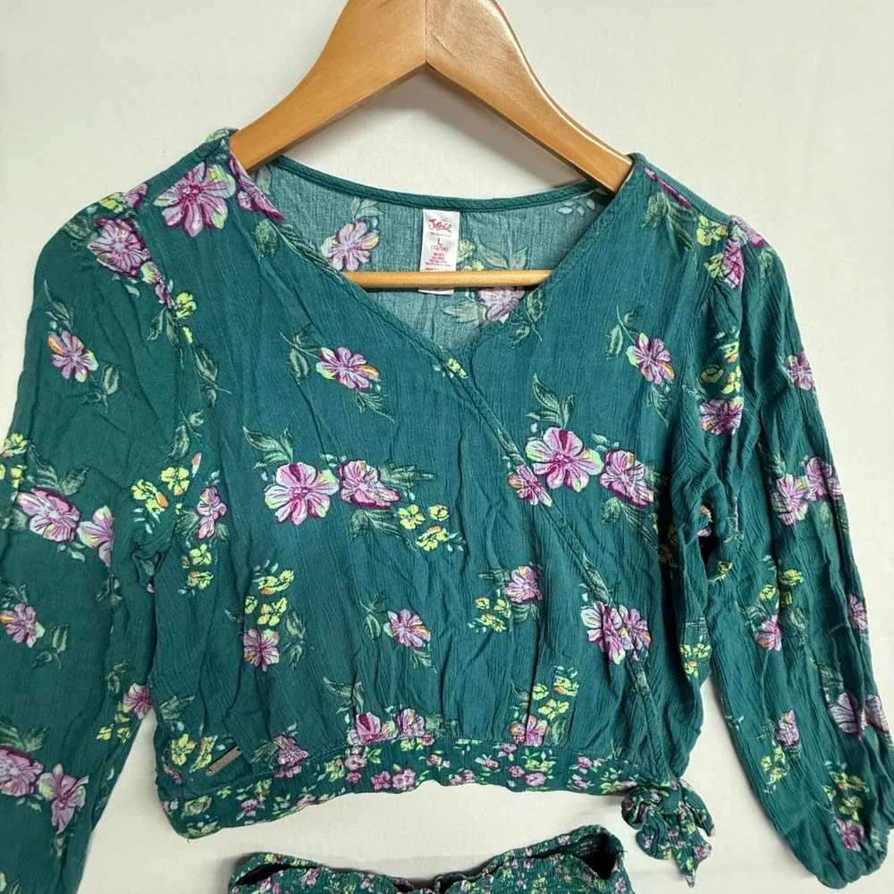 Justice Girls L 12/14 Floral 2 Pc Shorts Set Wrap Crop Top Green Boho Outfit